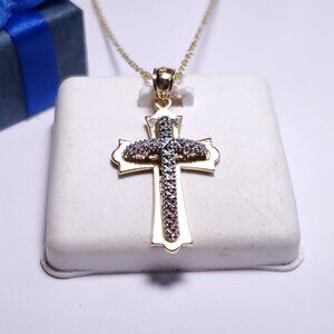 Estate 1" raised center 2Tone Cross & 17.5" Italian 14Kt YG Gold Necklace #21082